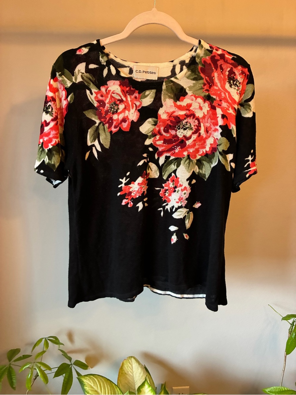 C.D. Petites Black Floral Knit Top | Fits Like Large
